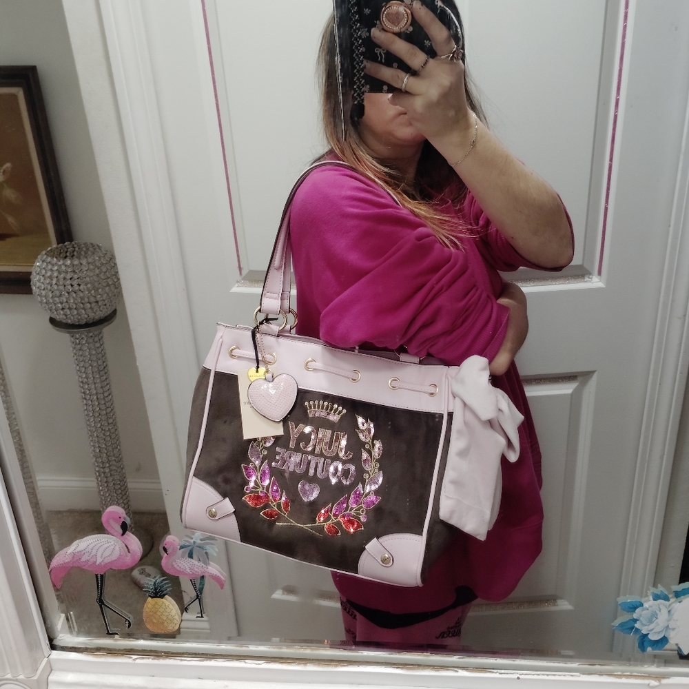 👑RARE!JUICY COUTURE Floral Ombre ColorSequin *DAYDREAMER* Pink+Brown Bag❤️💜 🩷 - Picture 6 of 10